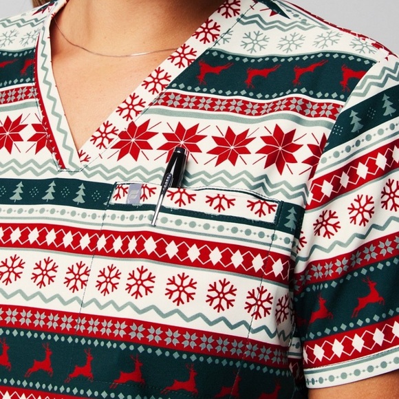 Fabletics Festive Red and Green Patterned Scrub Top - Picture 2 of 8